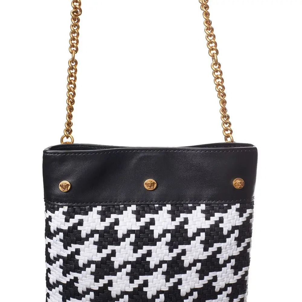 Black And White Leather And Textile Shoulder Bag Versace