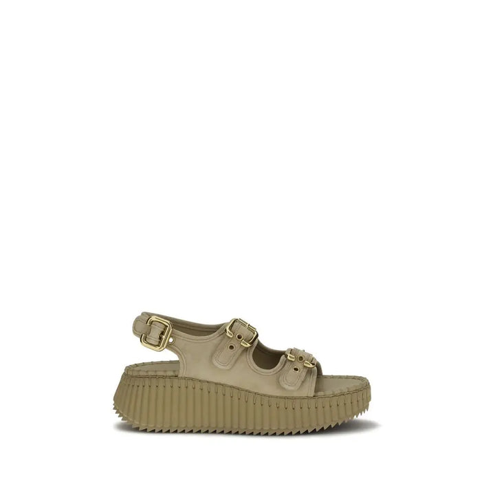 Beige Calf Leather Bos Taurus Platform Sandals Chloé