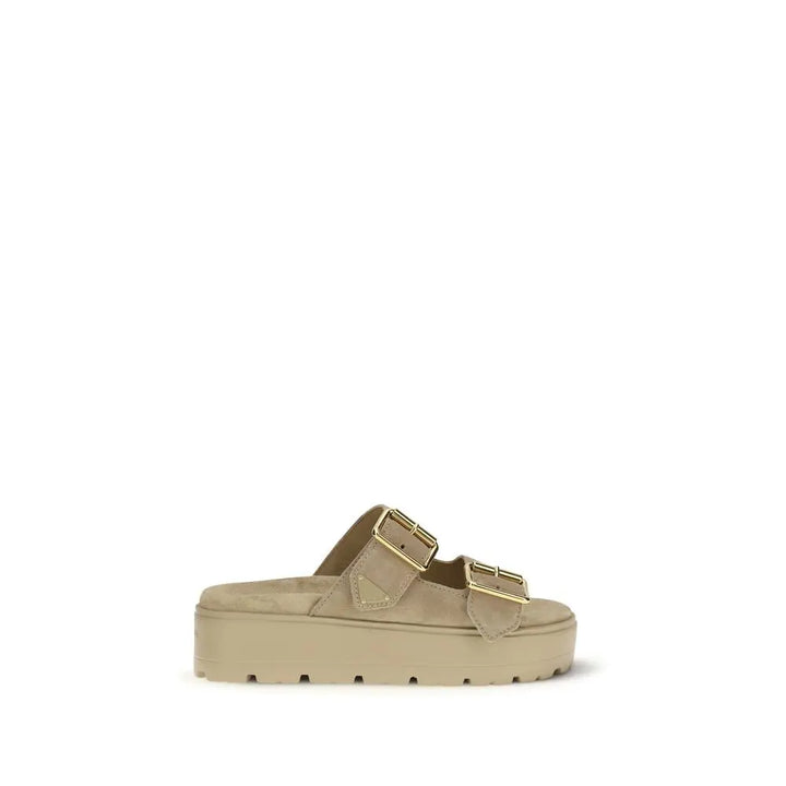 Beige Calf Leather Bos Taurus Platform Sandals Prada