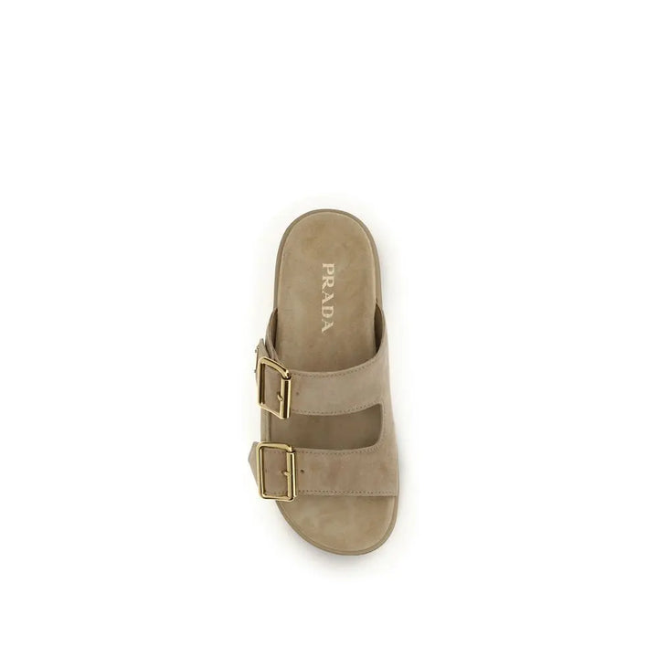 Beige Calf Leather Bos Taurus Platform Sandals Prada