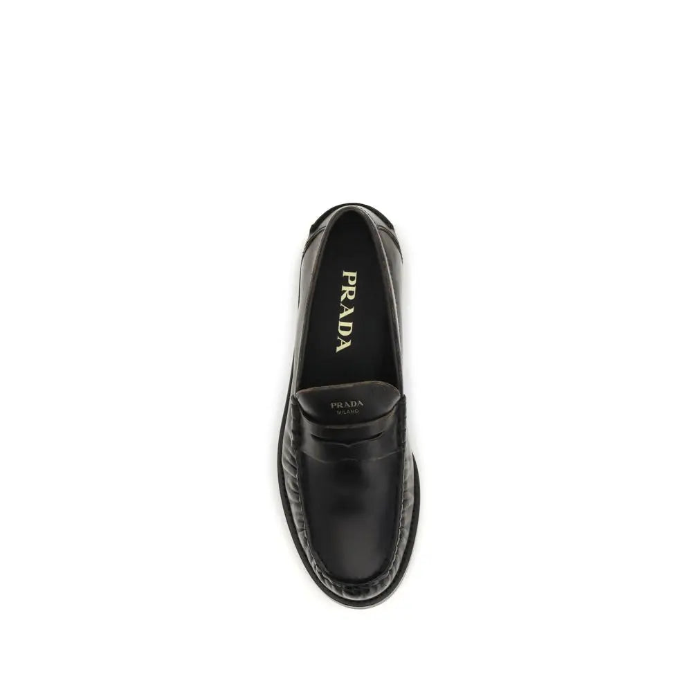 Black Calf Leather Bos Taurus Slip-On Loafers Prada
