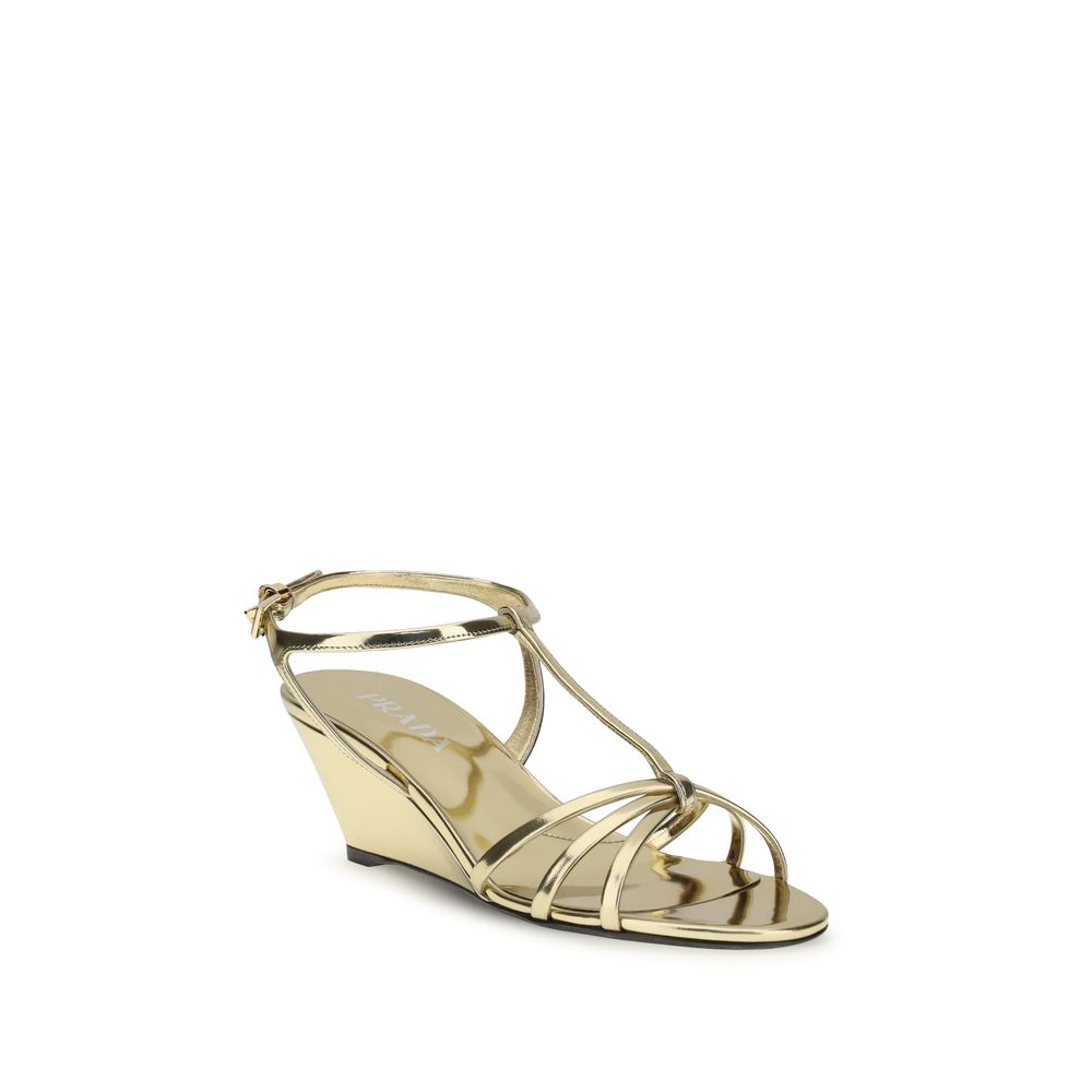Gold Calf Leather Bos Taurus Wedge Sandals Prada