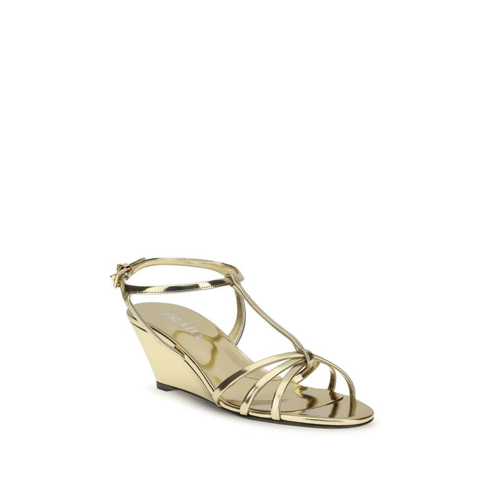 Gold Calf Leather Bos Taurus Wedge Sandals Prada