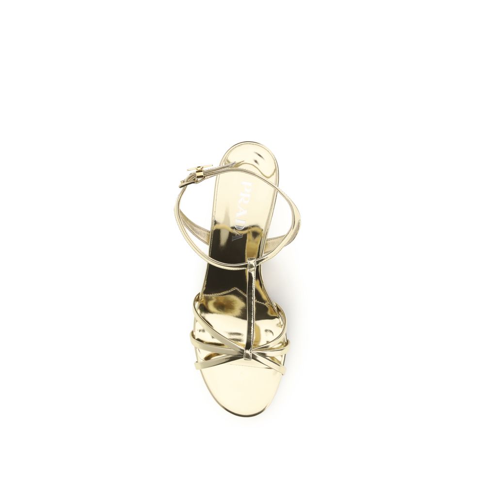 Gold Calf Leather Bos Taurus Wedge Sandals Prada