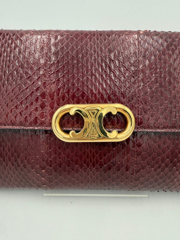 CELINE TRIOMPHE Reptile Skin Burgundy Clutch Celine