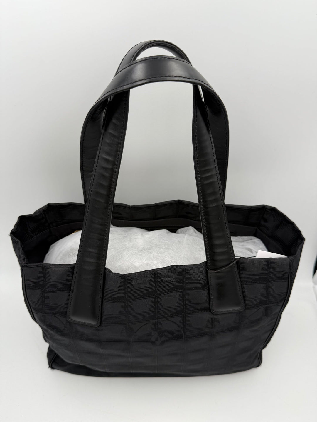 CHANEL Shopping Black Leather and Fabric Tote Bag Chanel