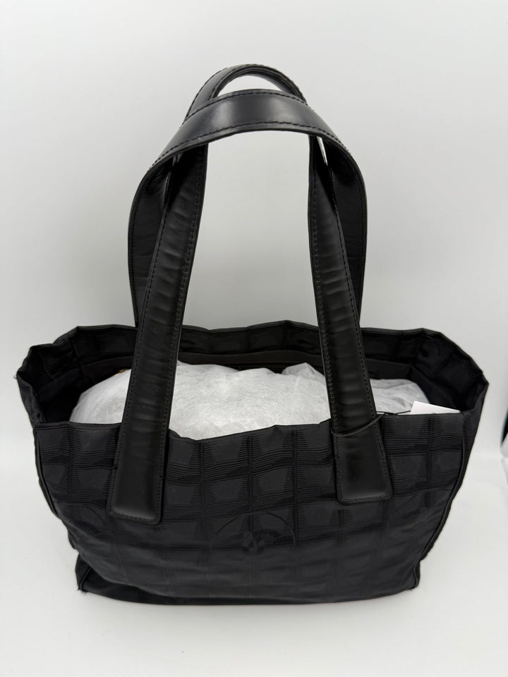 CHANEL Shopping Black Leather and Fabric Tote Bag Chanel