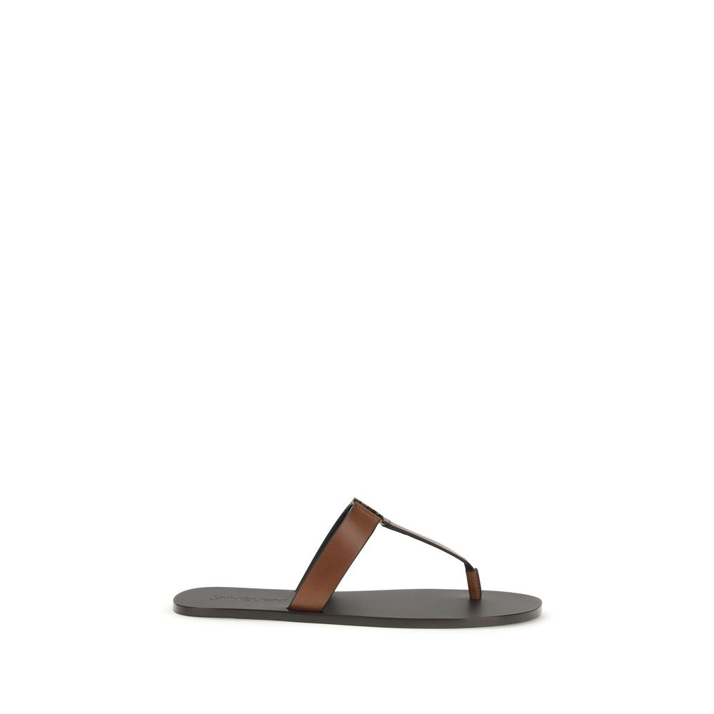 Brown Calf Leather Bos Taurus Flip-Flop Sandals Saint Laurent