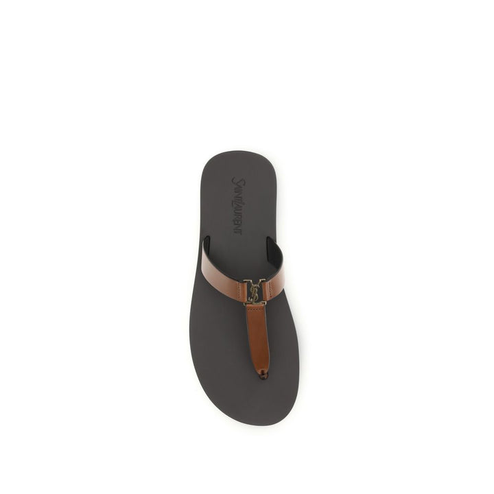 Brown Calf Leather Bos Taurus Flip-Flop Sandals Saint Laurent