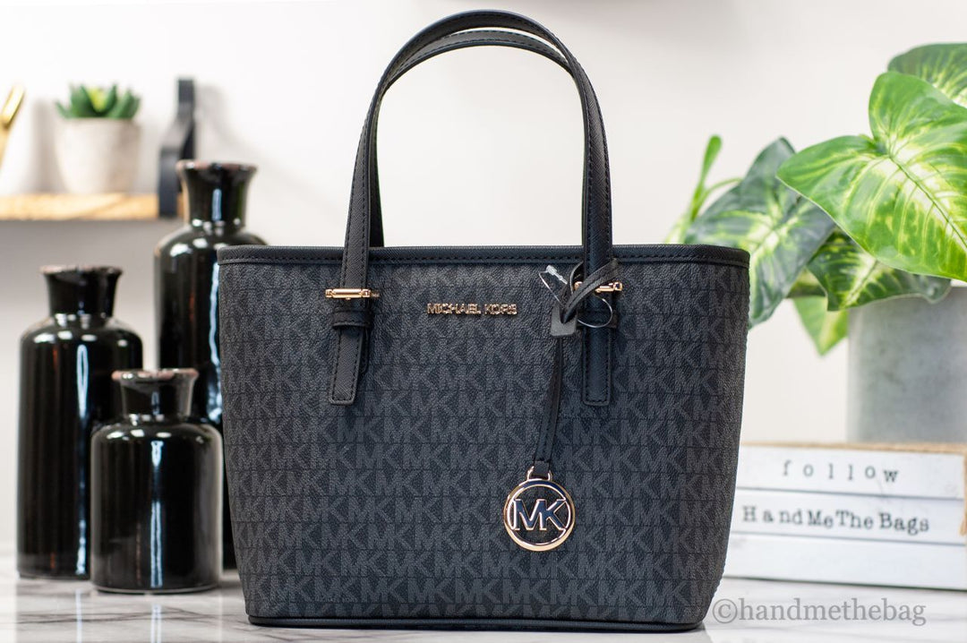 Michael Kors XS Carry All Jet Set Travel Womens Tote (BLACK SIG/GOLD) Michael Kors