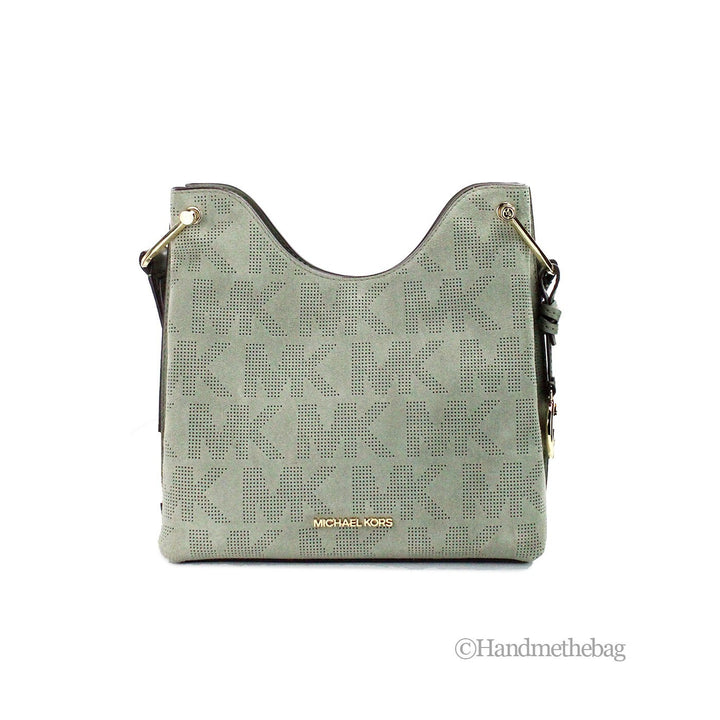 Michael Kors Joan Small Green Perforated Suede Leather Slouchy Messenger Handbag Michael Kors