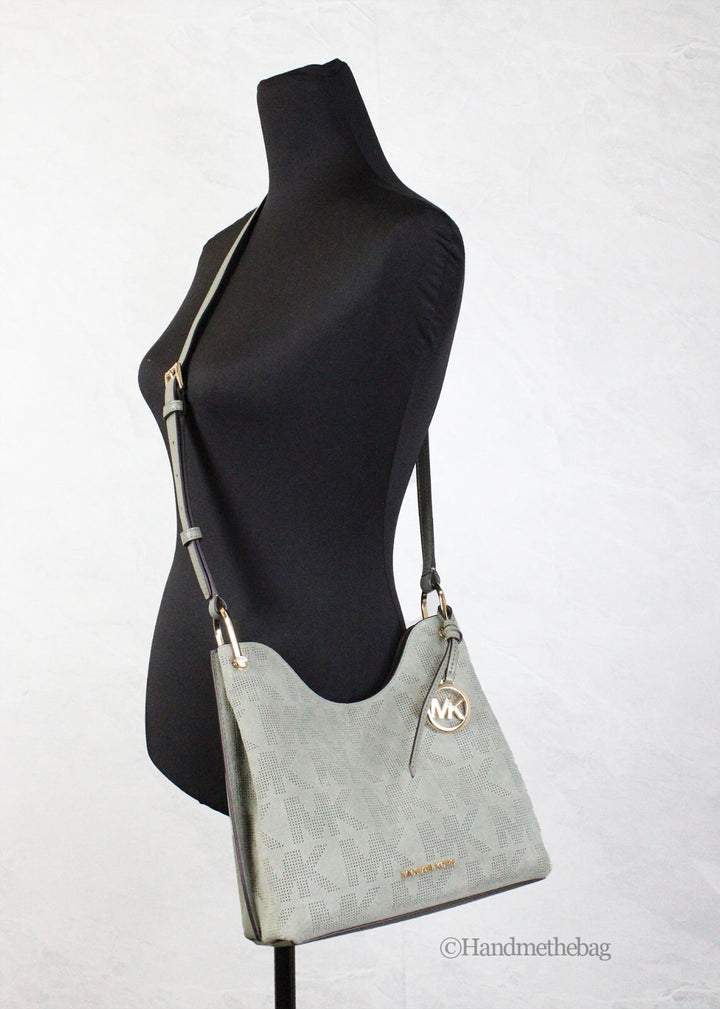 Michael Kors Joan Small Green Perforated Suede Leather Slouchy Messenger Handbag Michael Kors