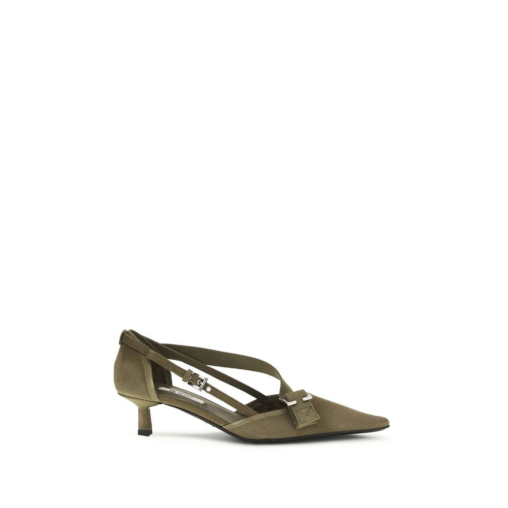 Bicolor Cotton Mid Heel Pumps Prada