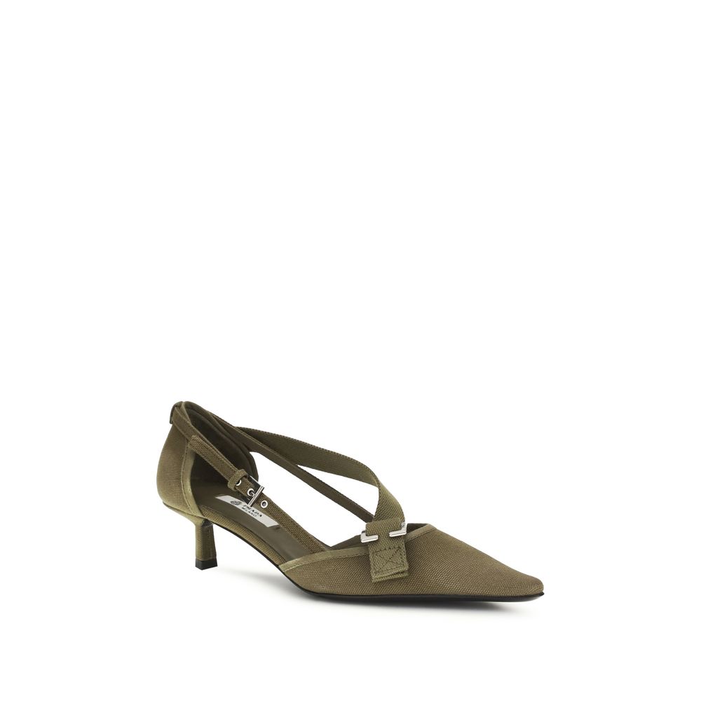 Bicolor Cotton Mid Heel Pumps Prada