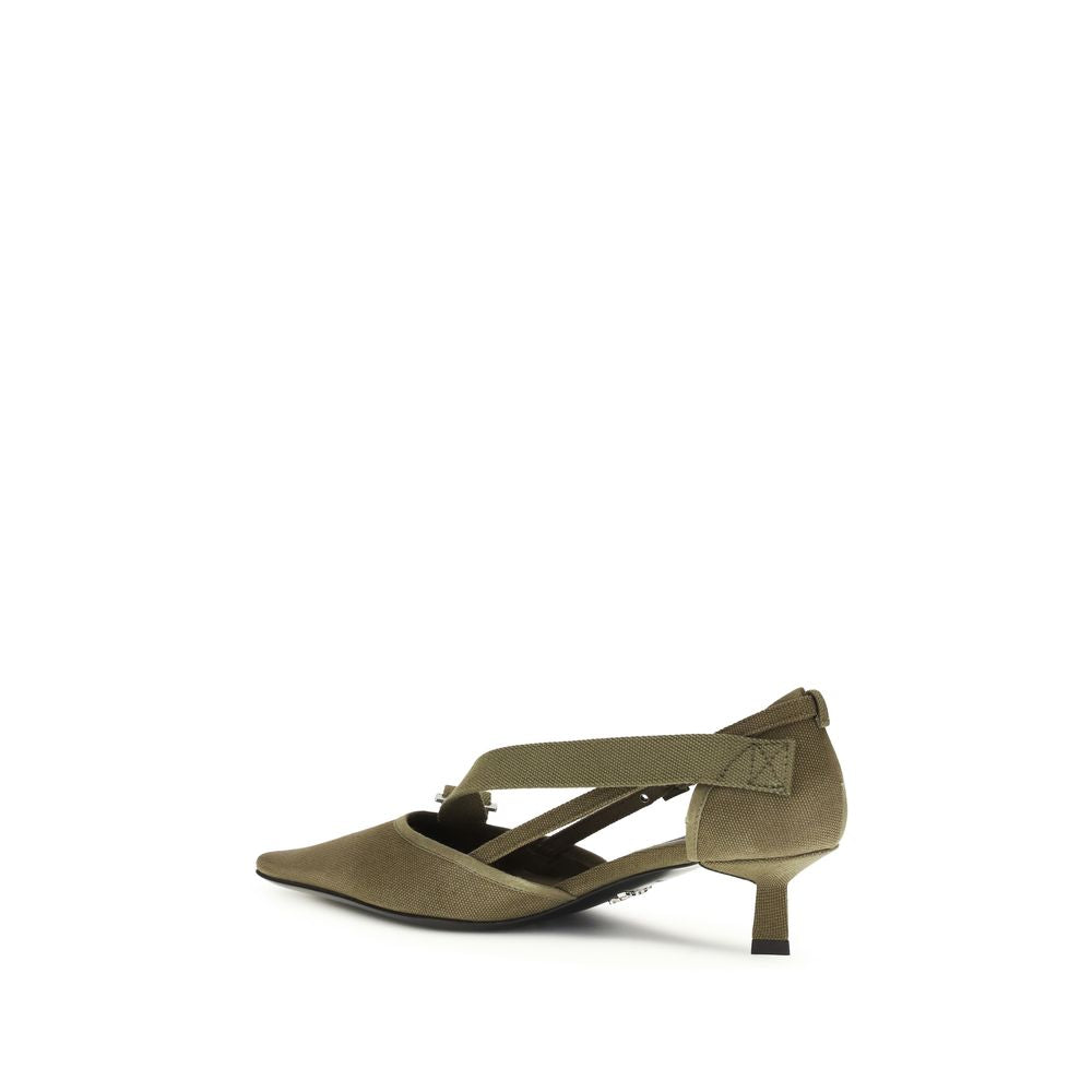 Bicolor Cotton Mid Heel Pumps Prada