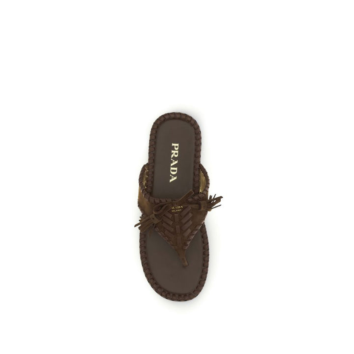 Brown Calf Leather Bos Taurus Flat Sandals Prada