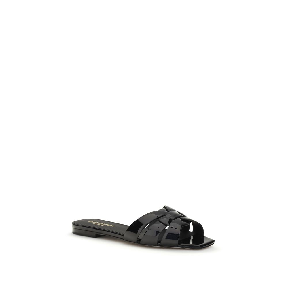 Black Calf Leather Bos Taurus Flat Sandals Saint Laurent