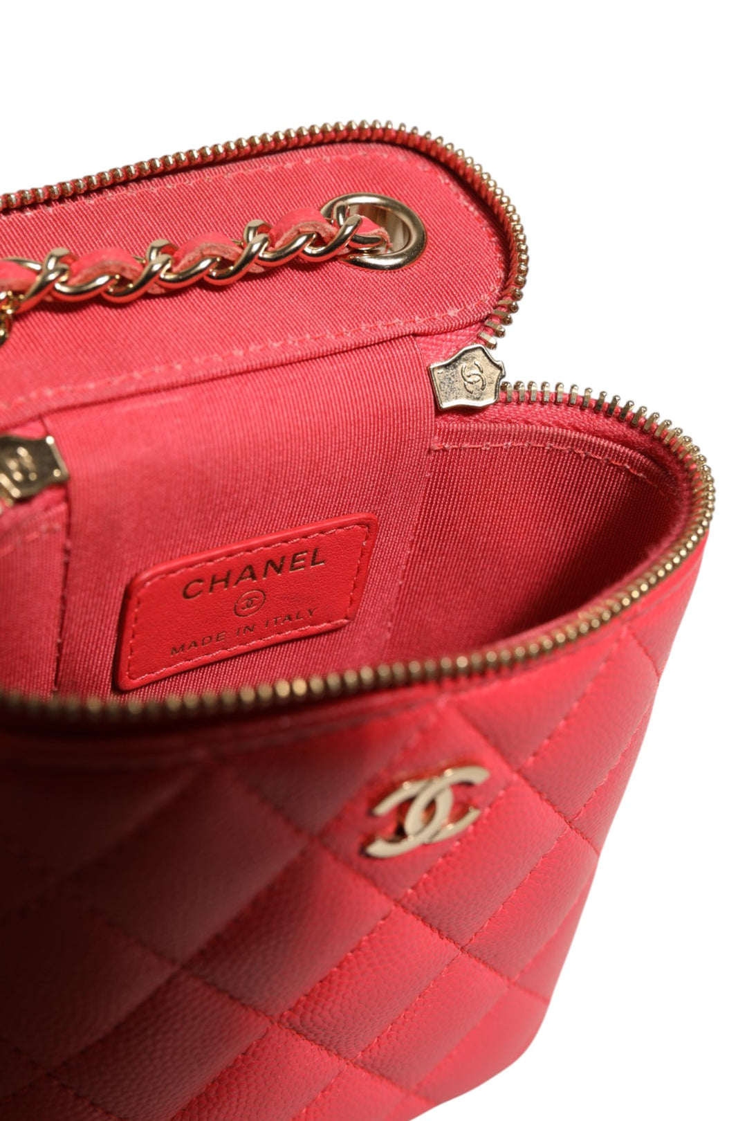 Red Caviar Quilted Small Vertical Coco Beauty Vanity Case with Chain Chanel