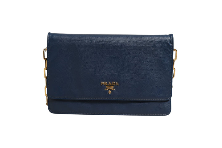 Blue Saffiano Leather Wallet on Chain Clutch Bag Prada