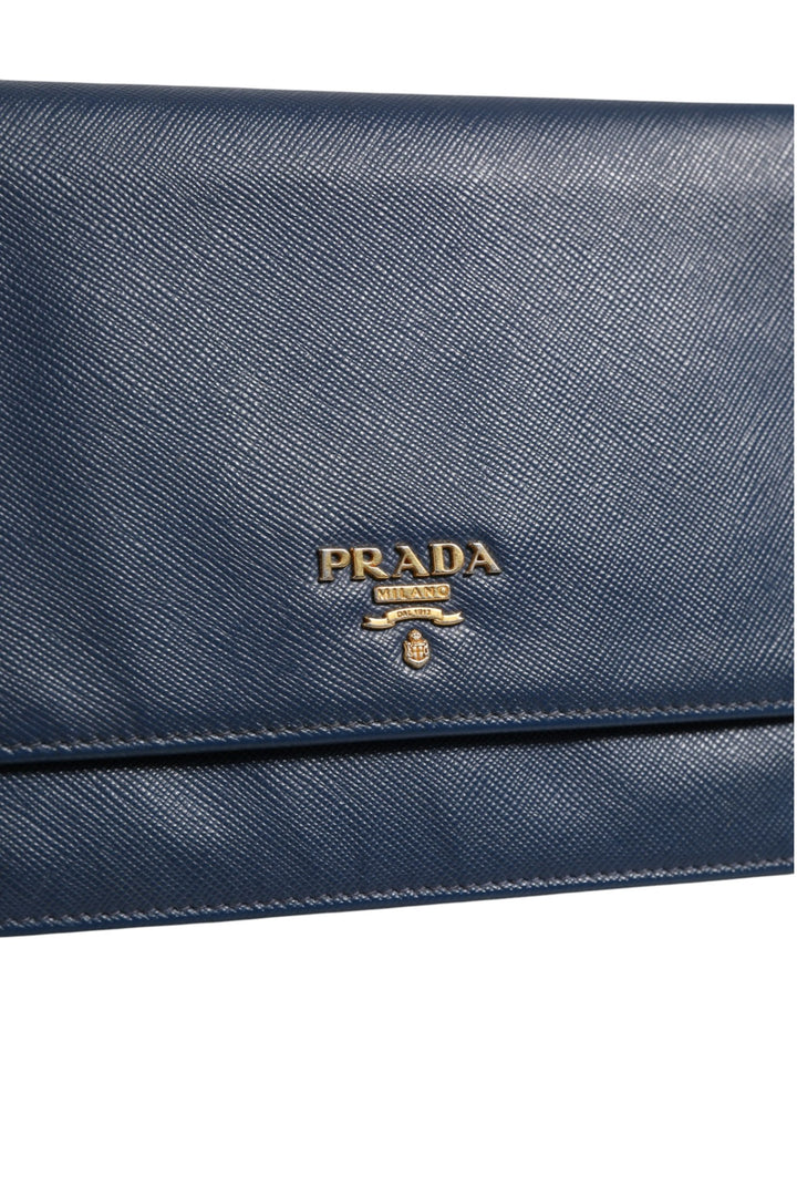 Blue Saffiano Leather Wallet on Chain Clutch Bag Prada