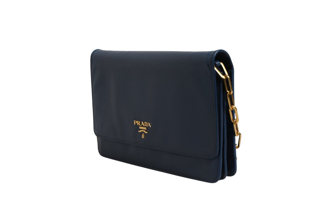 Blue Saffiano Leather Wallet on Chain Clutch Bag Prada