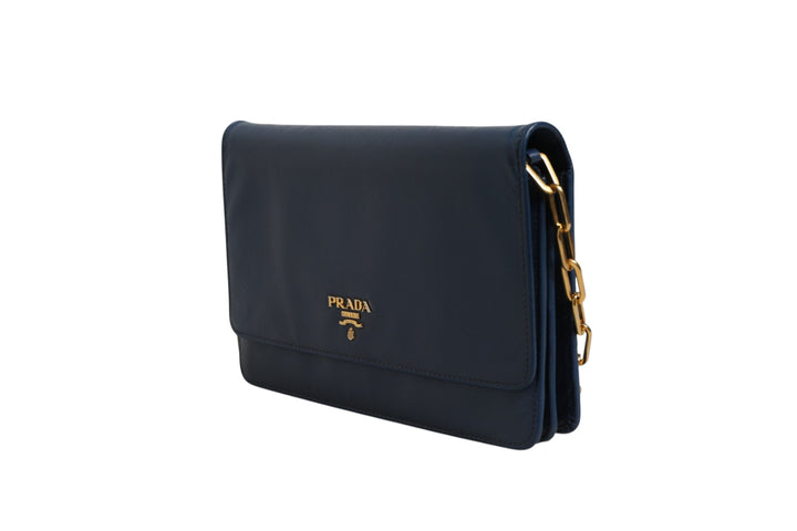 Blue Saffiano Leather Wallet on Chain Clutch Bag Prada