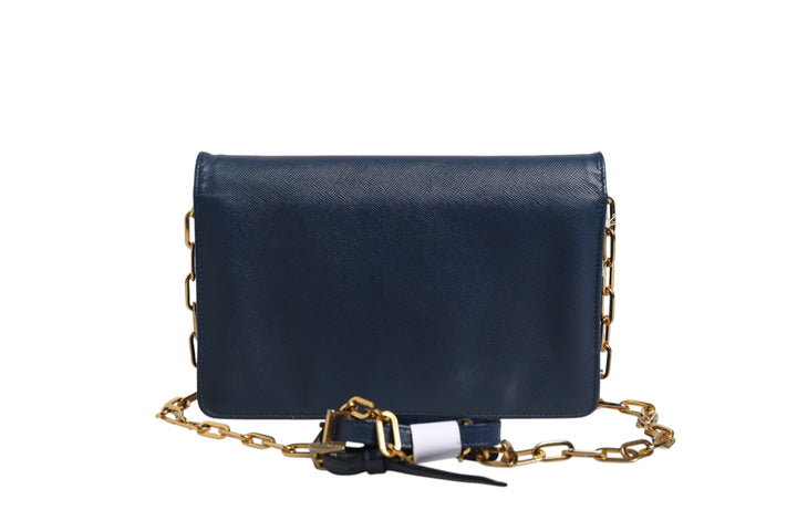 Blue Saffiano Leather Wallet on Chain Clutch Bag Prada
