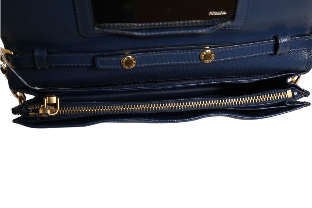 Blue Saffiano Leather Wallet on Chain Clutch Bag Prada