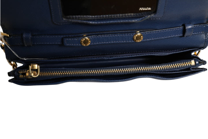 Blue Saffiano Leather Wallet on Chain Clutch Bag Prada