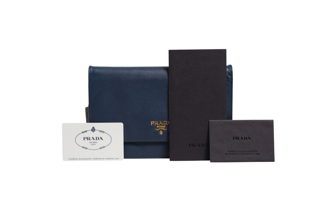 Blue Saffiano Leather Wallet on Chain Clutch Bag Prada