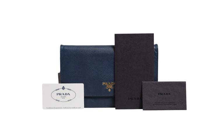 Blue Saffiano Leather Wallet on Chain Clutch Bag Prada