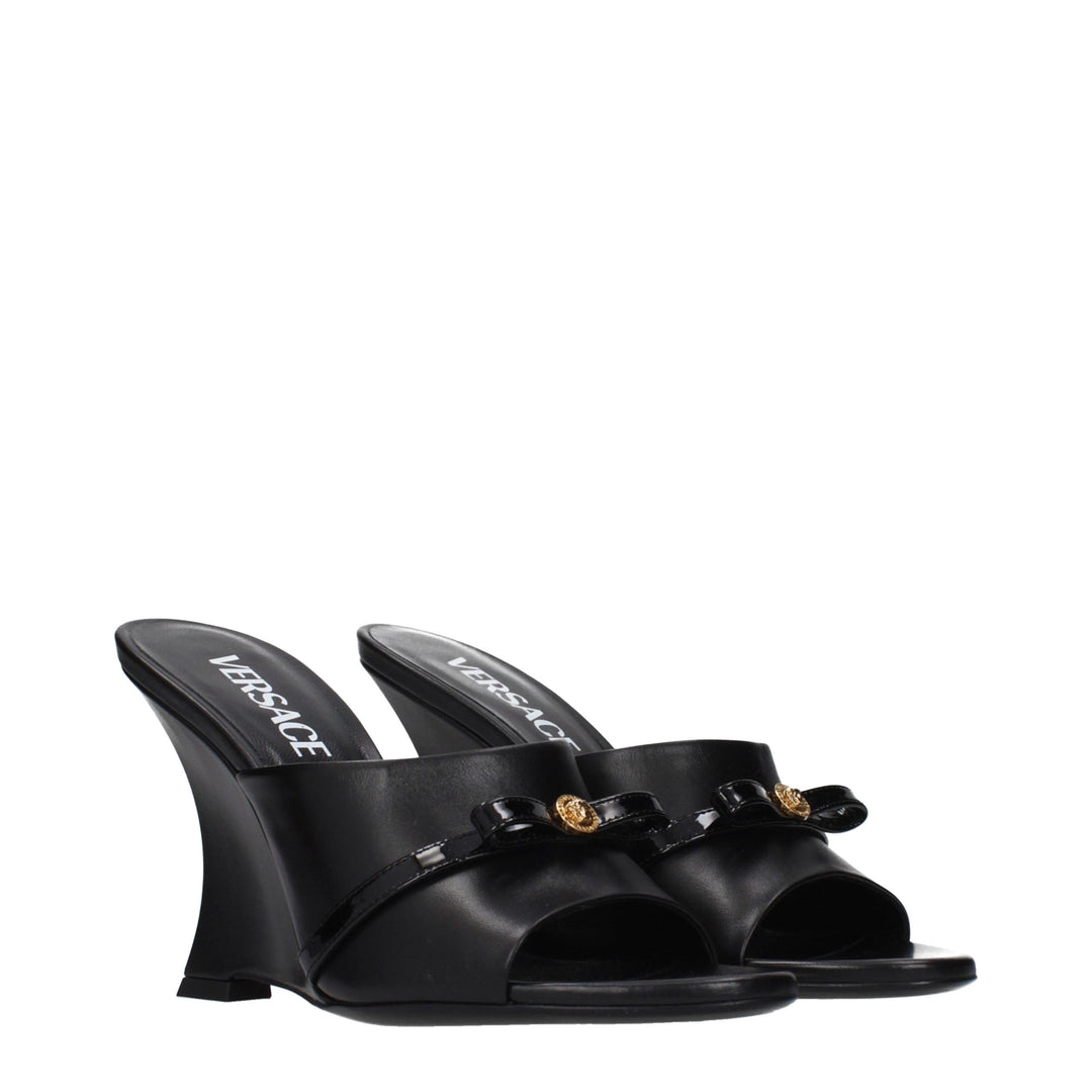 Black Leather Wedge Sandals Versace