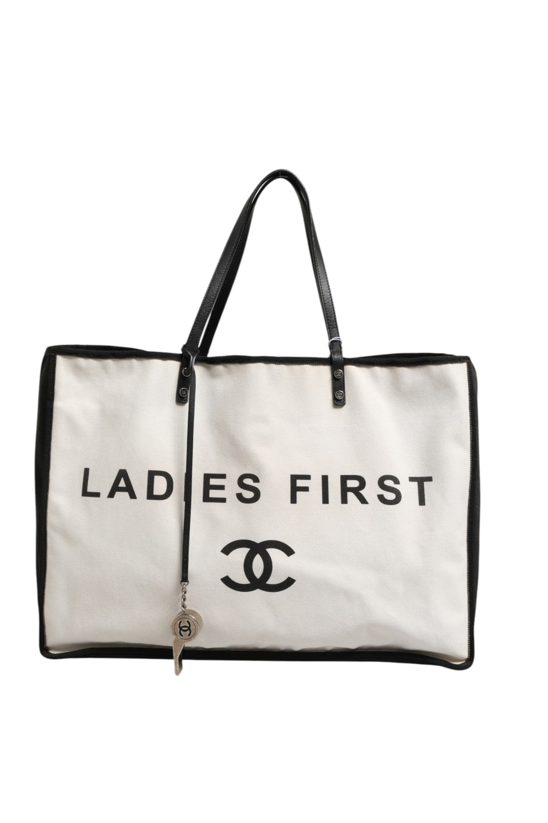 Ladies First White and Black Canvas Shopper Tote Bag Chanel