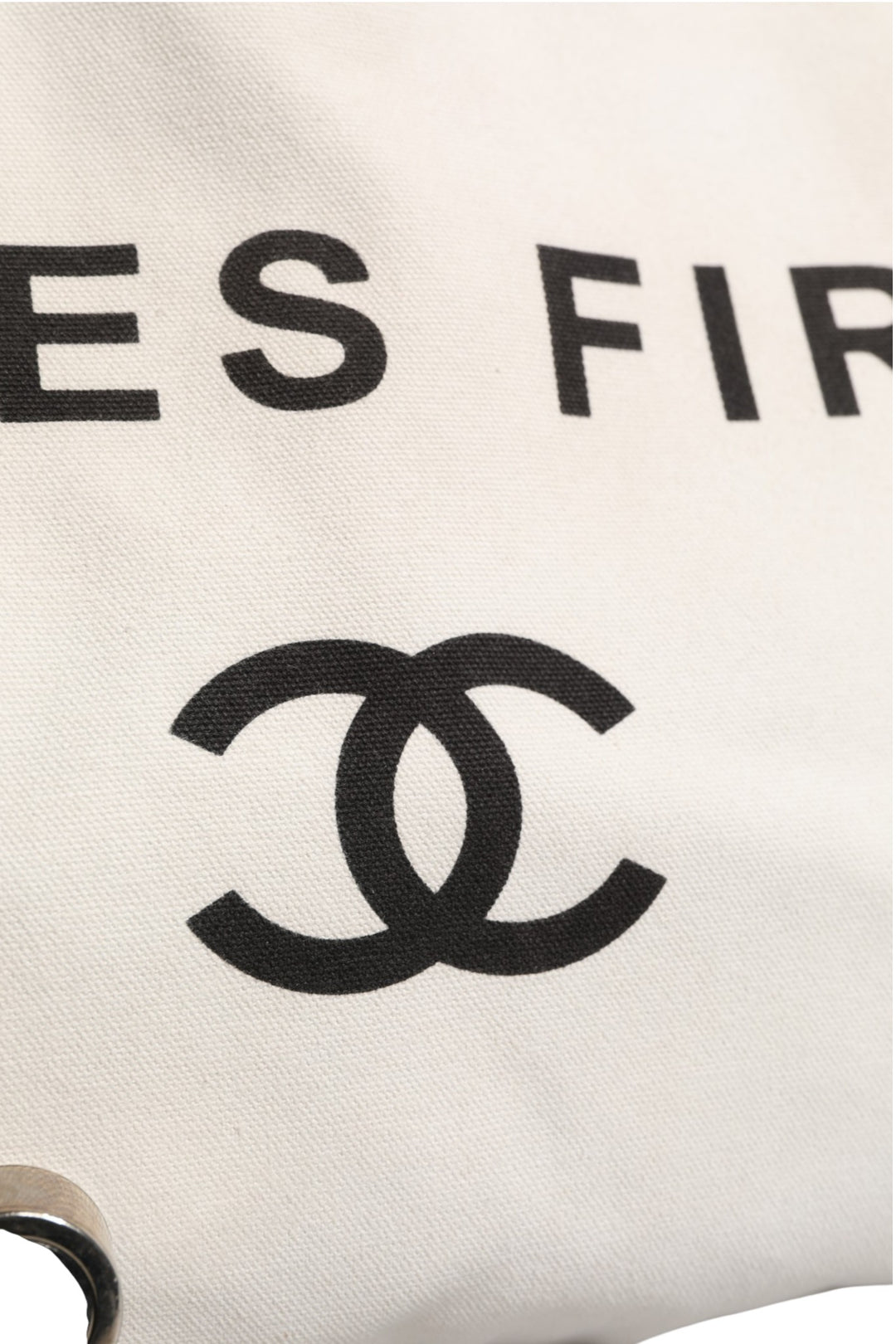 Ladies First White and Black Canvas Shopper Tote Bag Chanel