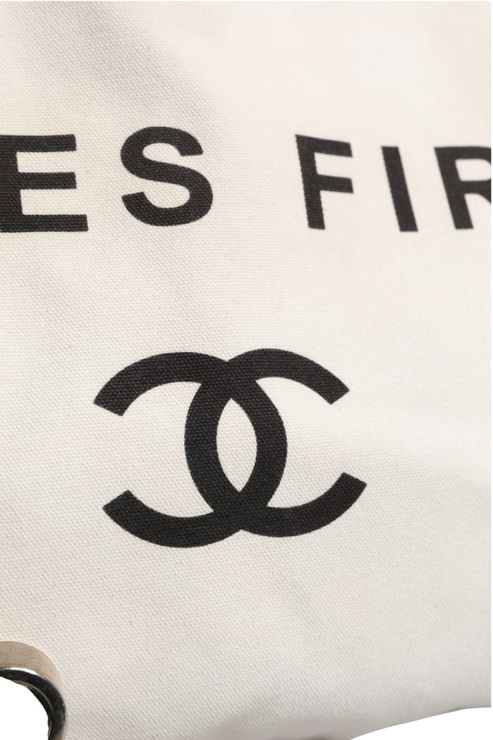 Ladies First White and Black Canvas Shopper Tote Bag Chanel