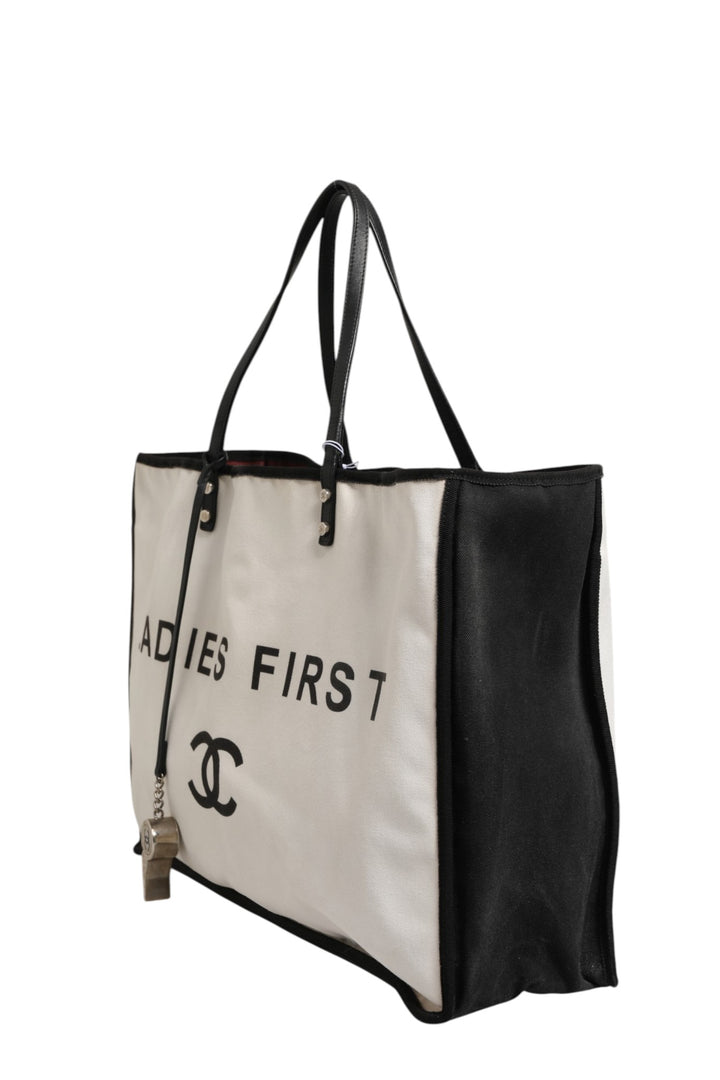 Ladies First White and Black Canvas Shopper Tote Bag Chanel