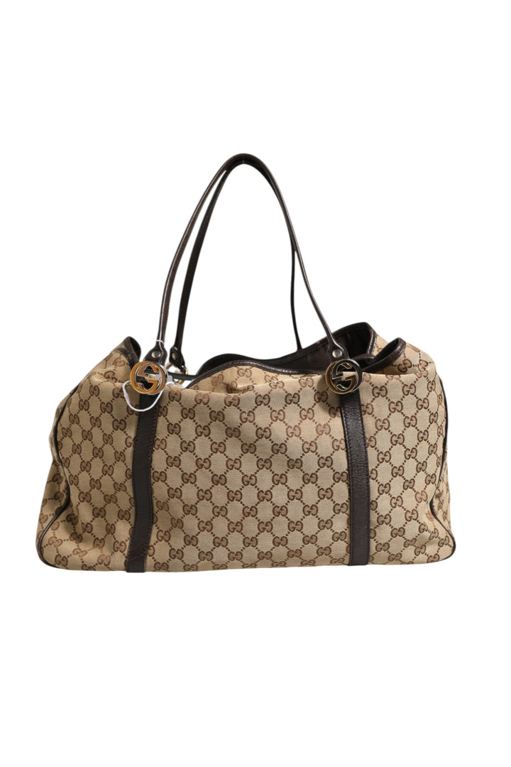 Beige and Black Canvas Twins Medium Tote Bag Gucci