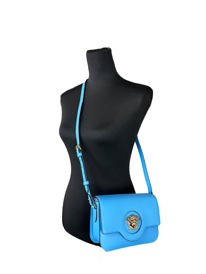 Versace La Medusa Blue Leather Shoulder Crossbody Bag Purse Versace