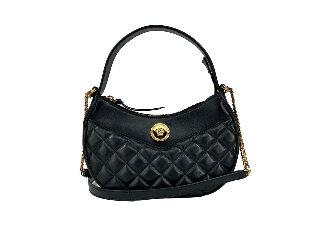 Versace Quilted Black Leather Half Moon Chain Crossbody Bag Versace