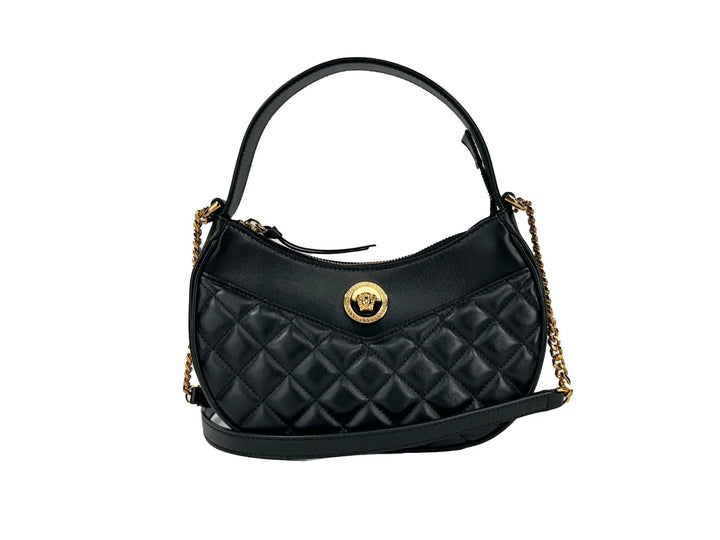 Versace Quilted Black Leather Half Moon Chain Crossbody Bag Versace