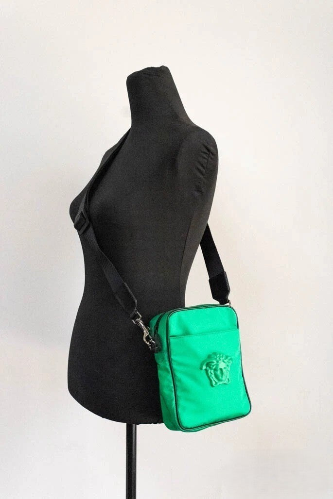 Versace Small Bright Green Nylon Fabric Medusa Crossbody Messenger Bag Purse Versace