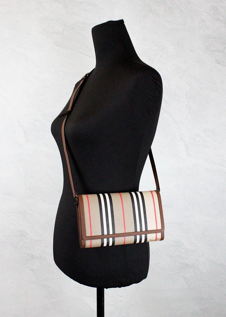 Burberry Hannah Icon Stripe Archive Tan E-Canvas Leather Wallet Crossbody Bag Burberry