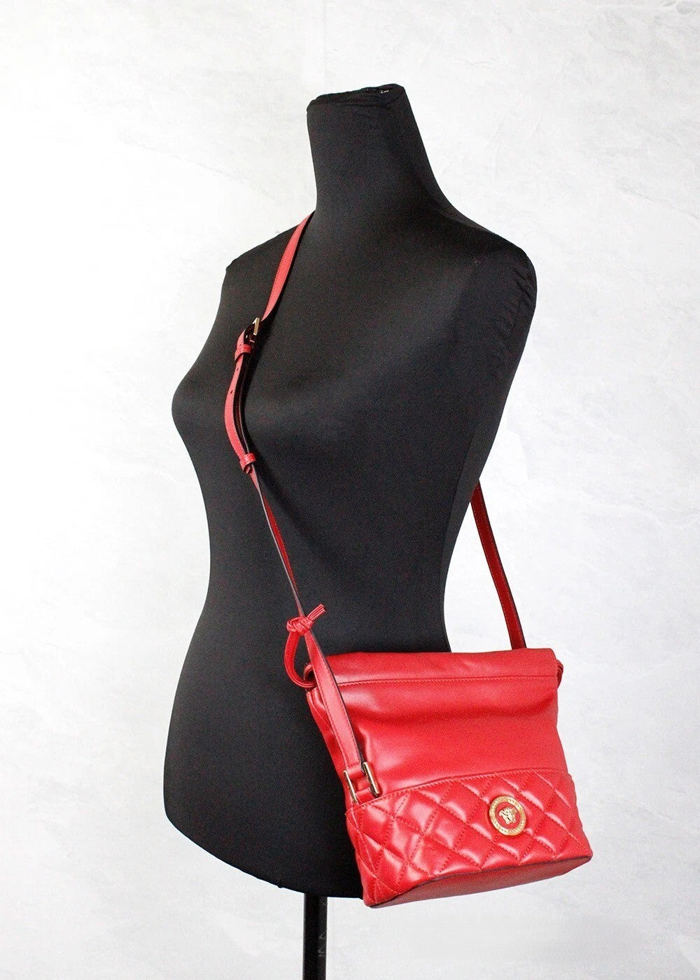 Versace Red Quilted Leather Drawstring Shoulder Bag Bucket Crossbody Handbag Versace
