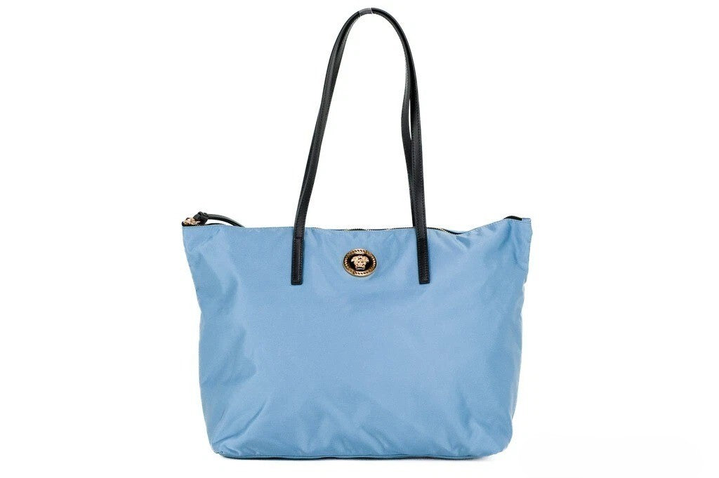 Versace Portuna Medusa Medium Cornflower Blue Nylon Leather Tote Bag Purse Versace