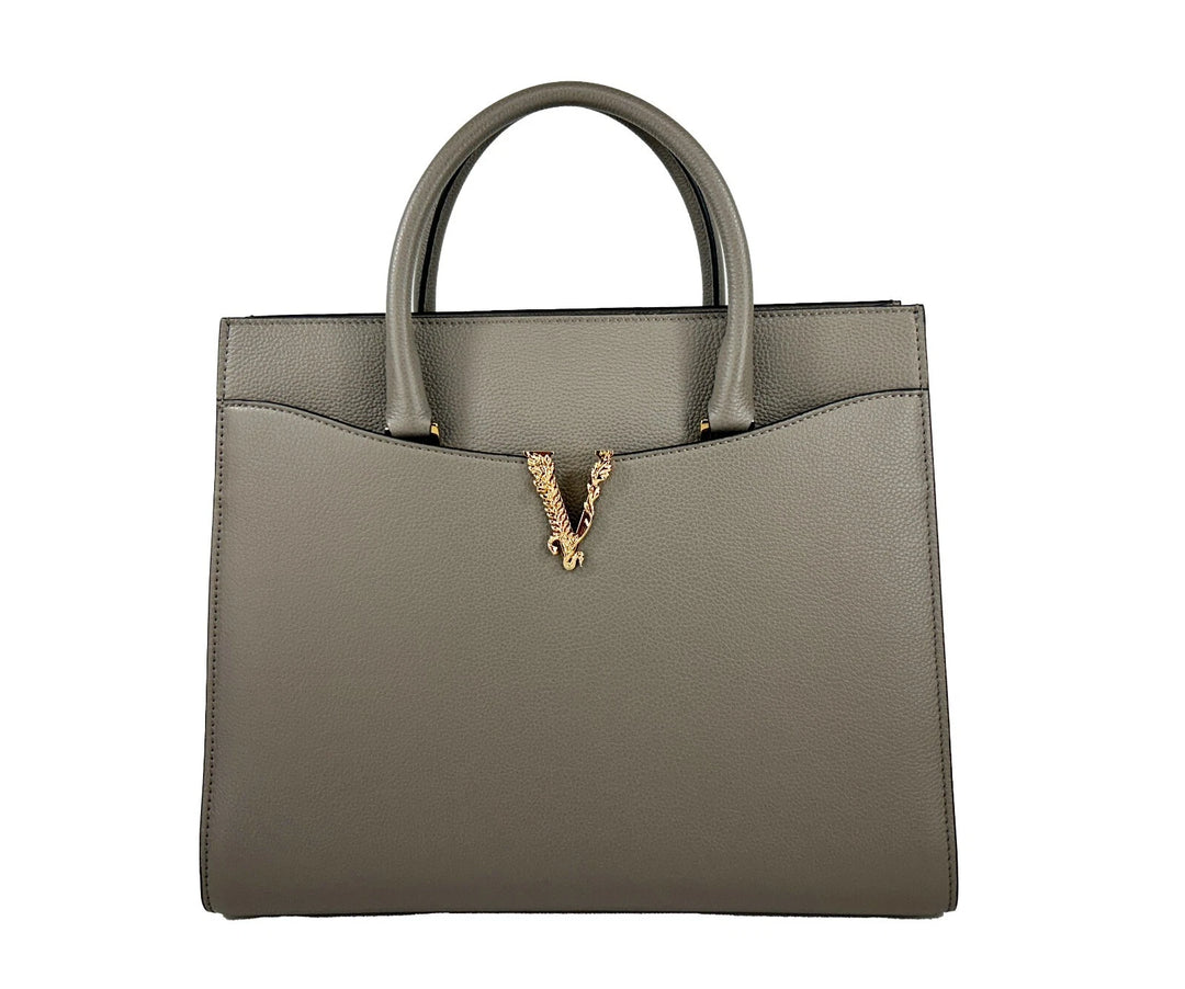 Versace Virtus Large Leather Top Handle Satchel Bag Tote Gray Versace
