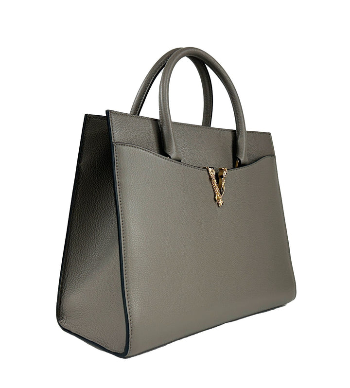 Versace Virtus Large Leather Top Handle Satchel Bag Tote Gray Versace