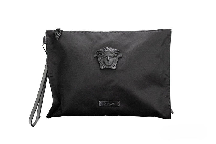 Versace Large Black Nylon Fabric Medusa Convertible Pouch Clutch Wristlet Bag Versace