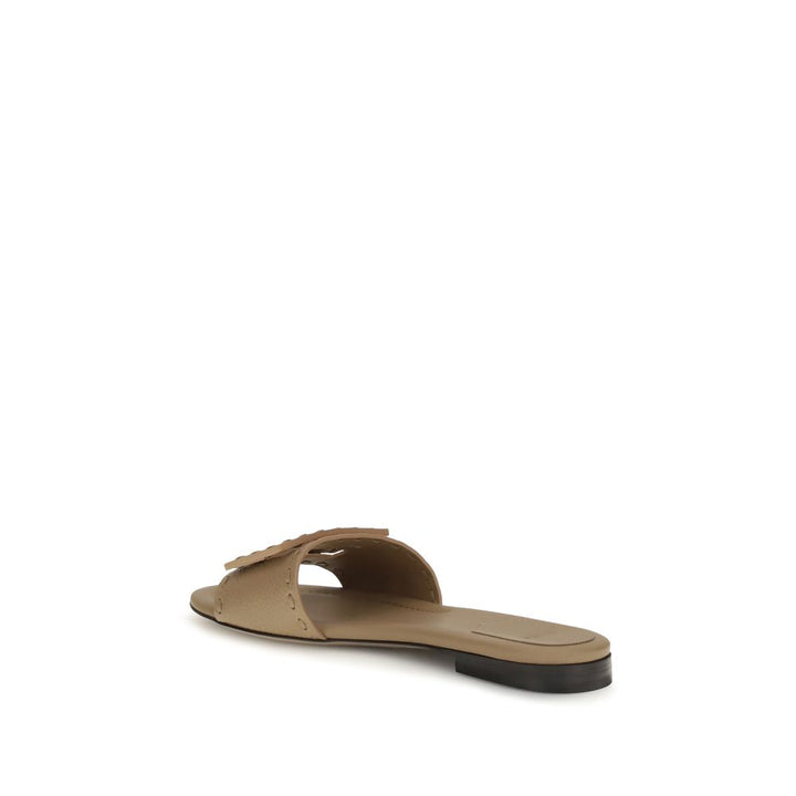 Beige Calf Leather Bos Taurus Flat Sandals Fendi