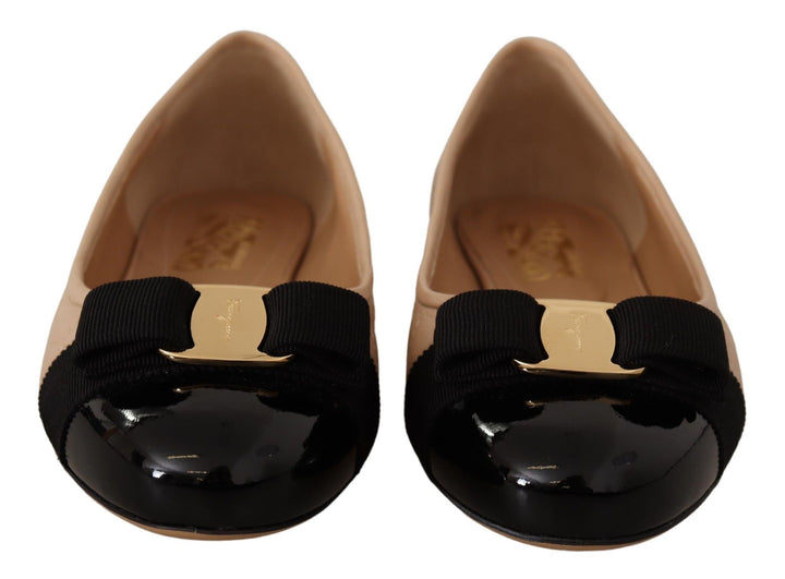 Beige and Black Nappa Leather Ballet Flat Shoes Salvatore Ferragamo