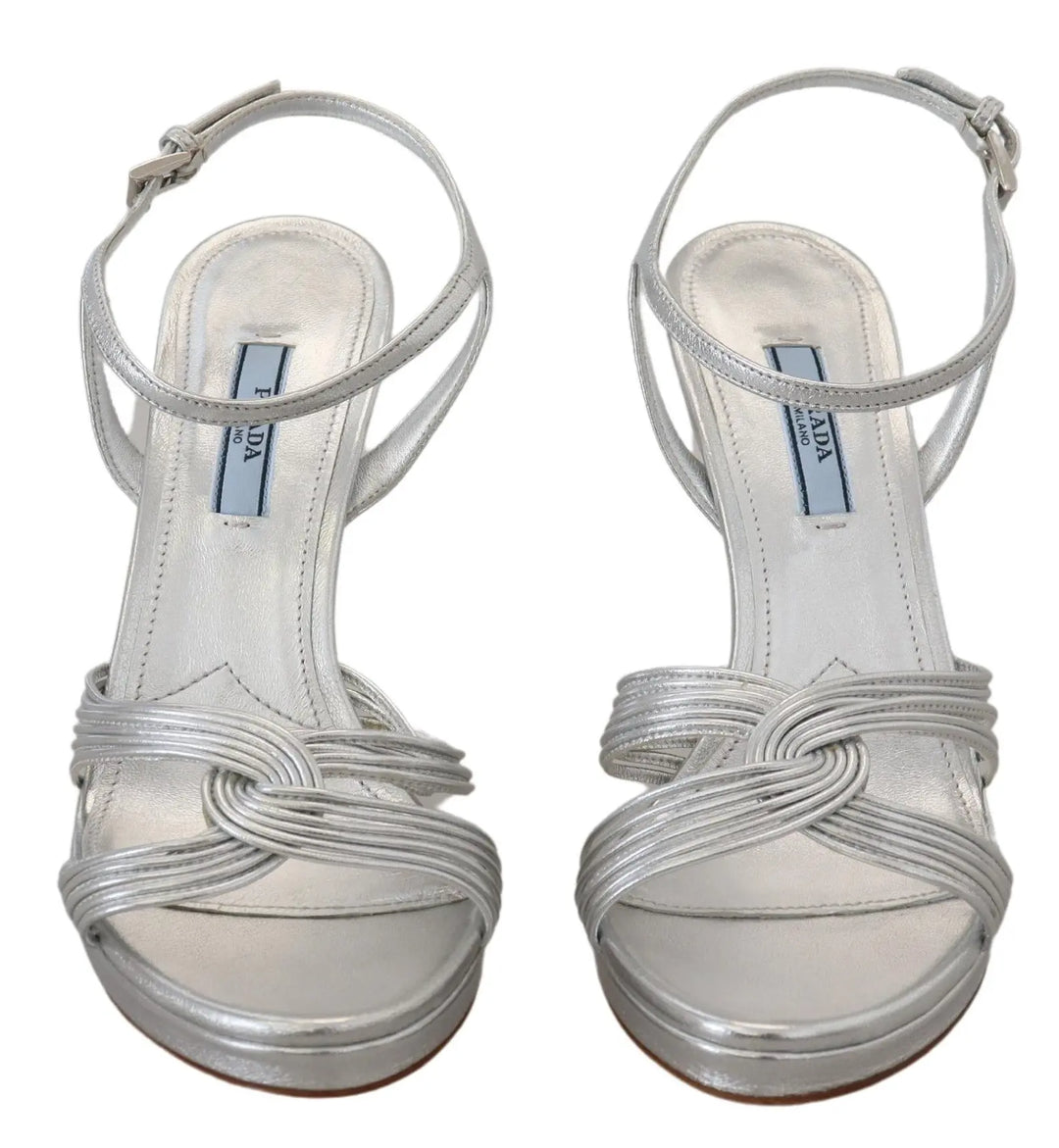 Silver Leather Sandals Ankle Strap Heels Stiletto Prada